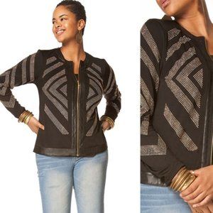 Stylish Black Lycra Jacket with gold studs and Faux Leather trim Plus Size